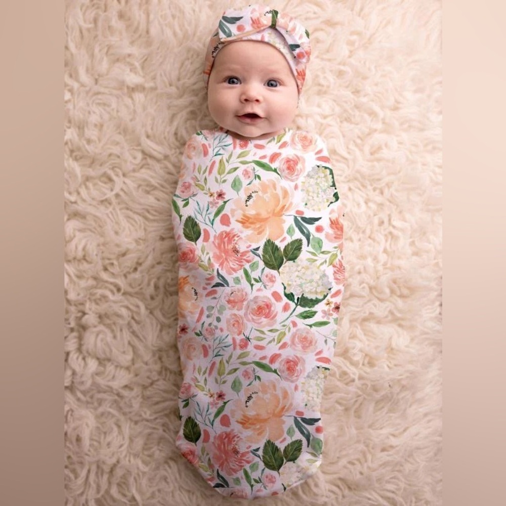 Itzy Ritzy Baby Swaddle Cocoon and Hat Set Peach Floral